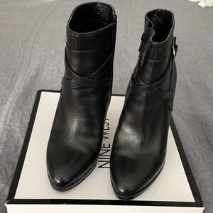 Nine West Black Leather Pointed Ankle Booties with Buckle Strap